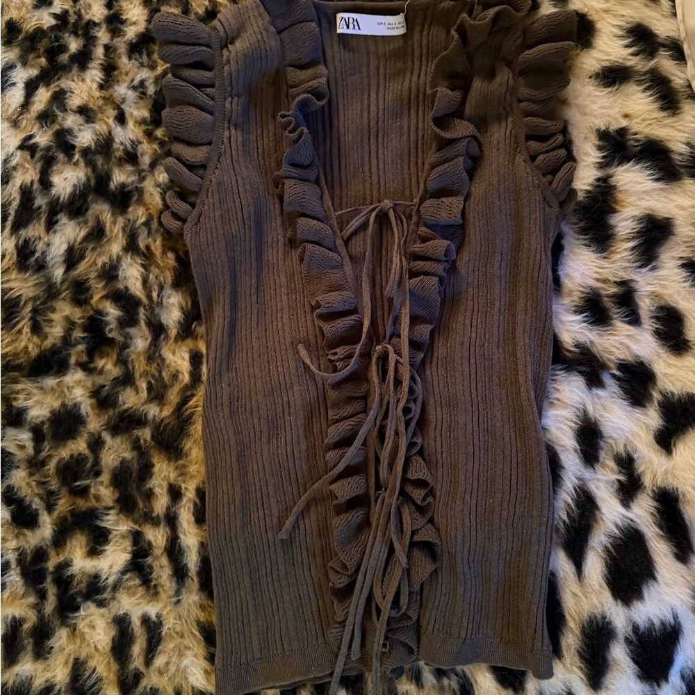 Zara Brown Ruffle-Trim Ribbed Tie-Front Tank